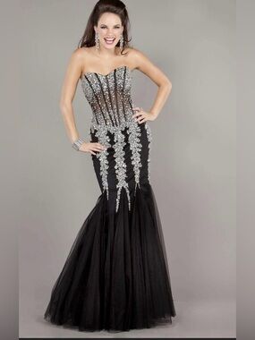 Jovani Strapless Black Mermaid Evening Gown with Silver Embellishment